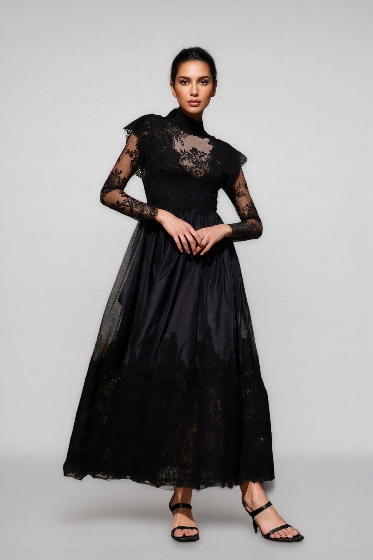 High Neck Sheer Lace Long Sleeve Ruffle Shoulder Tulle Overlay Maxi Dress