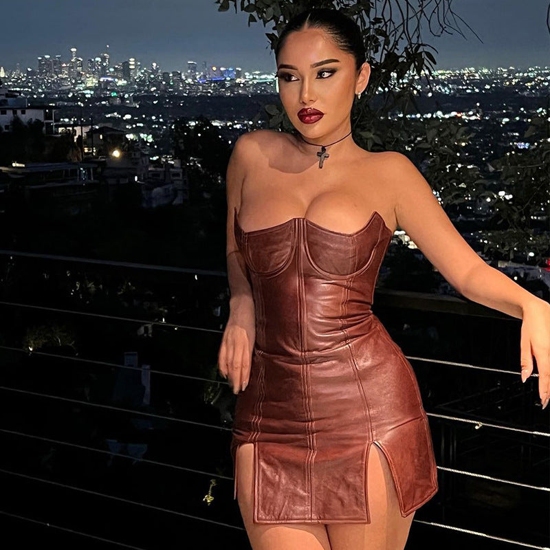 Faux Leather Strapless Corset Bustier Double Slit Bodycon Mini Dress
