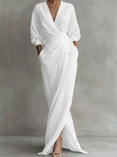 Deep V-Neck Long Sleeve Wrap Ruched High Split Maxi Dress 9