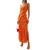 Chiffon Spaghetti Strap Ruffle High Split Maxi Dress 5