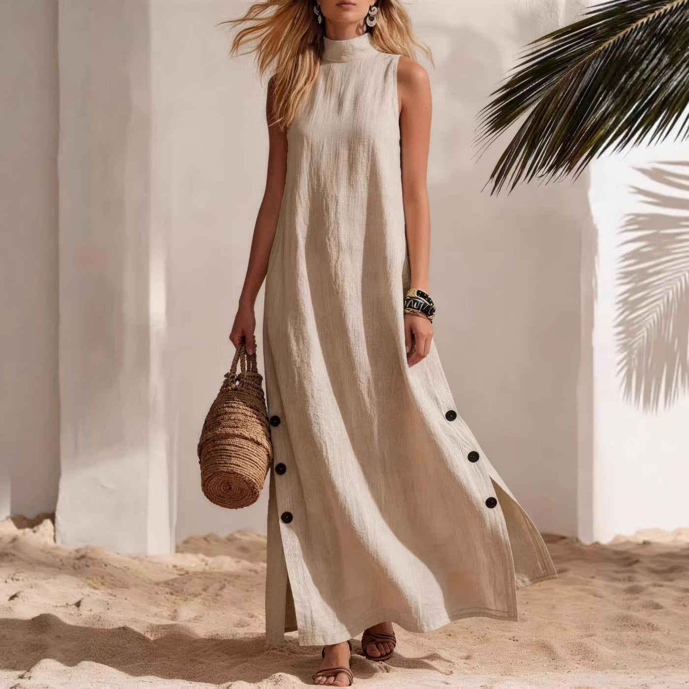 High Neck Sleeveless Side Slit Maxi Dress