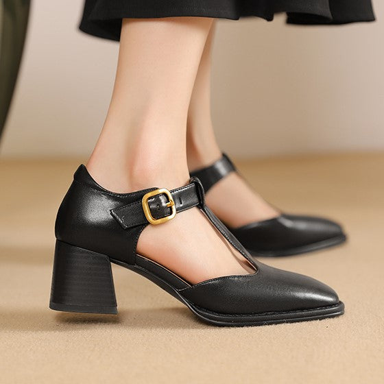 Square Toe T-Strap Buckle Block Heel Mary Jane Pumps