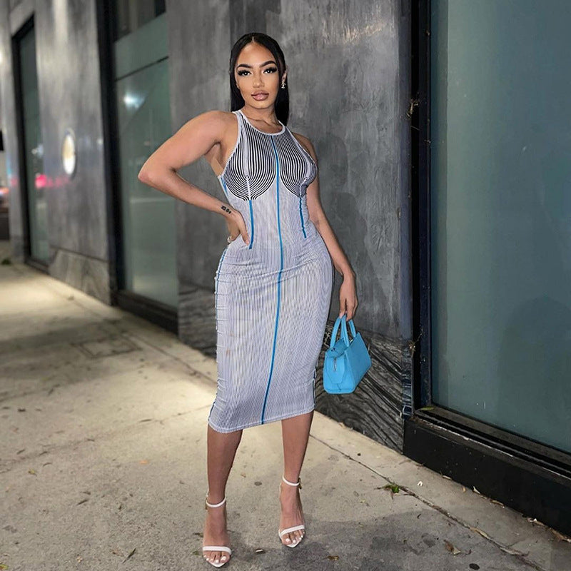 Spring Women Clothes Striped Sheath Tight Backless Sleeveless Sexy Dress
