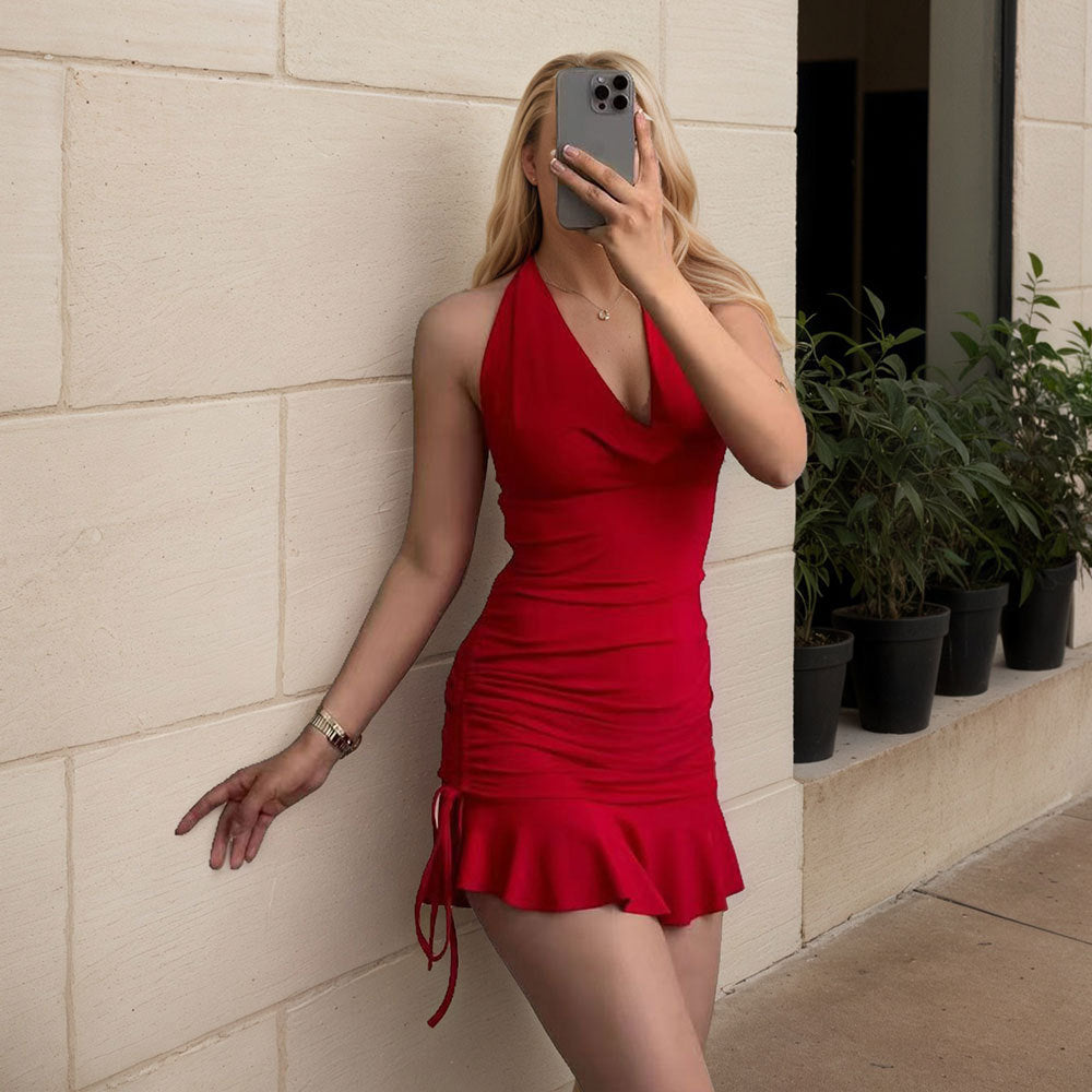 Cowl Neck Halter Neck Ruffle Hem Bodycon Mini Dress 4