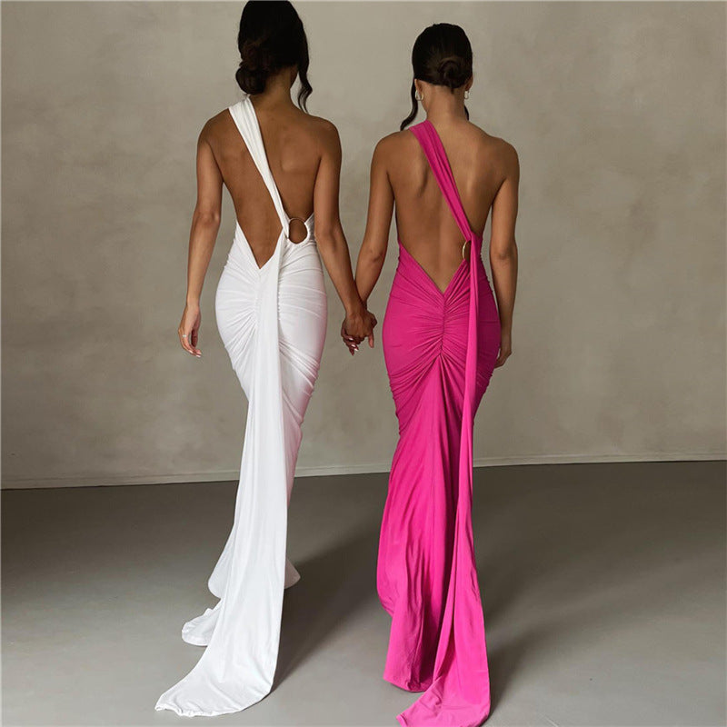 One Shoulder Backless O-Ring Ruched Drape Maxi Evening Gown