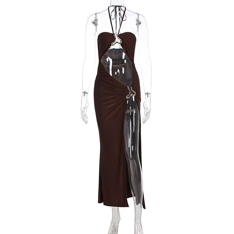 Halter Neck Ring Detail Cut Out High Split Maxi Dress 6