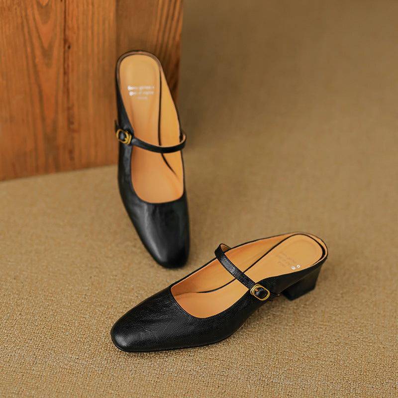 Square Toe Buckle Block Heel Mary Jane Mules