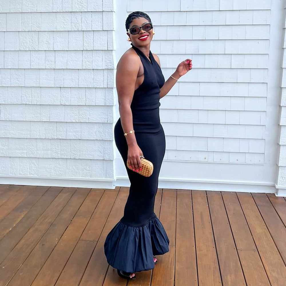 Halter Neck Sleeveless Backless Contrast Ruffle Hem Mermaid Maxi Dress 2