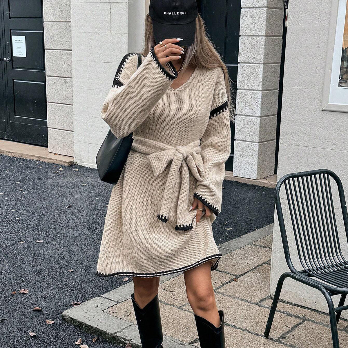 V-Neck Long Sleeve Tie Waist Contrast Stitch Knit Sweater Dress 3
