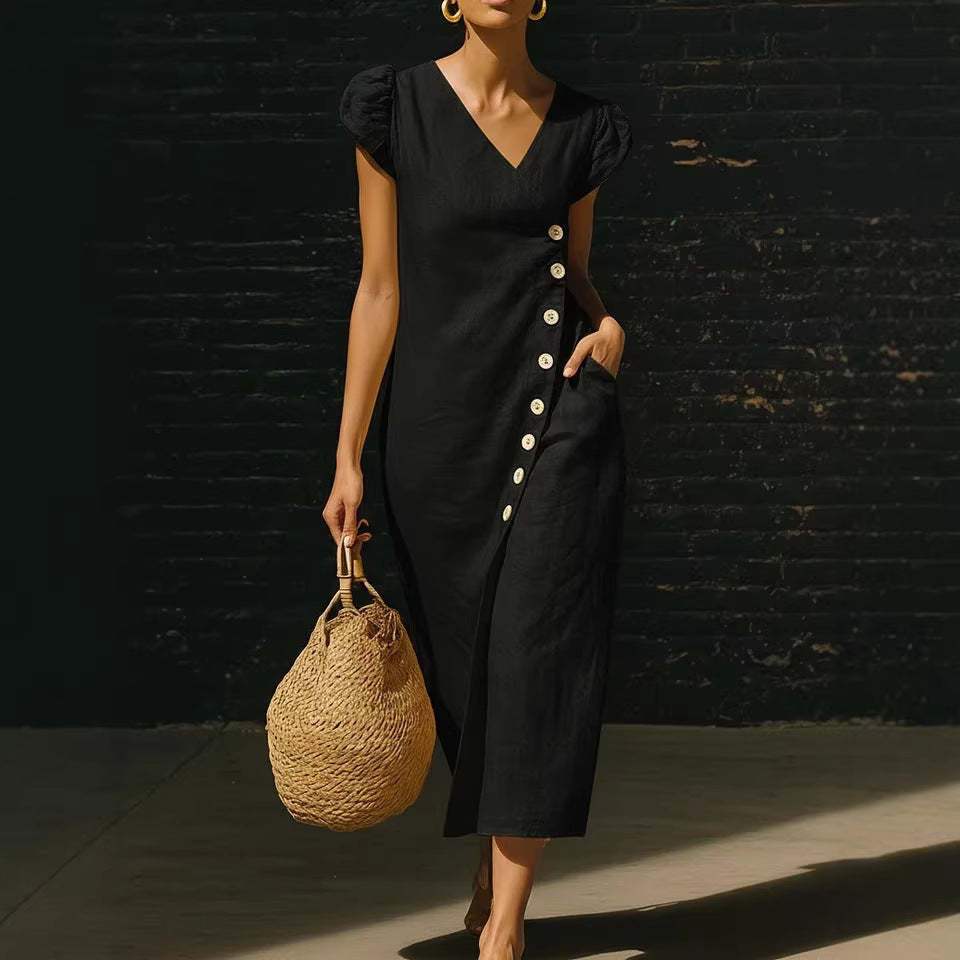 V-Neck Cap Sleeve Side Button Linen Midi Dress 3