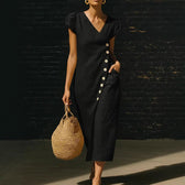 V-Neck Cap Sleeve Side Button Linen Midi Dress 3