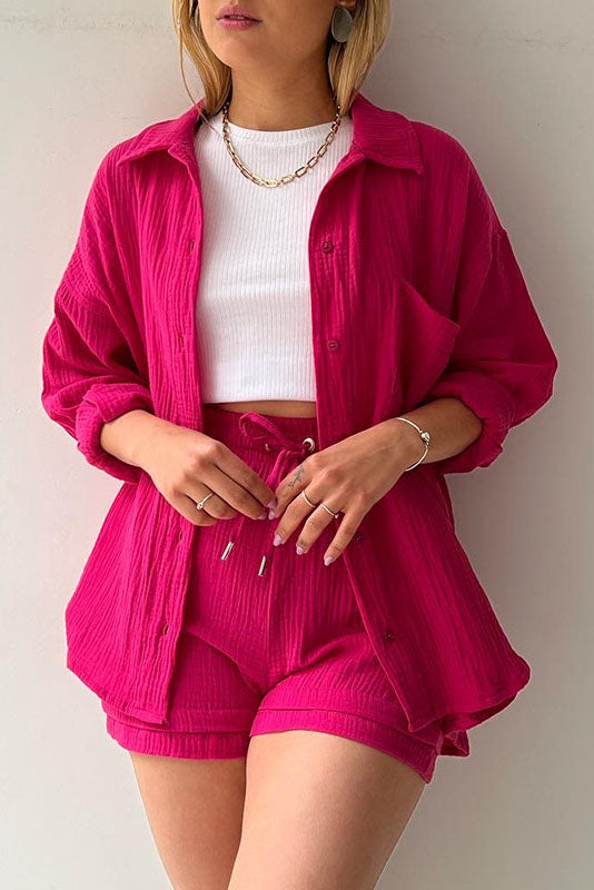 Solid Color Mock Neck Top and High-Waist Shorts Set