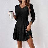 Ribbed Knit V-Neck Long Sleeve Fit and Flare Mini Dress 3