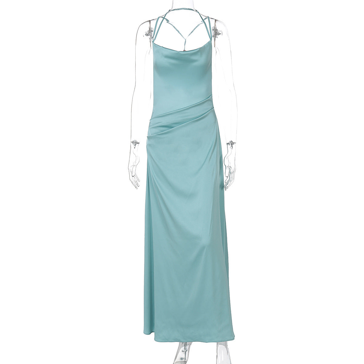 Satin Backless Halter Cross Strap Slip Maxi Gown