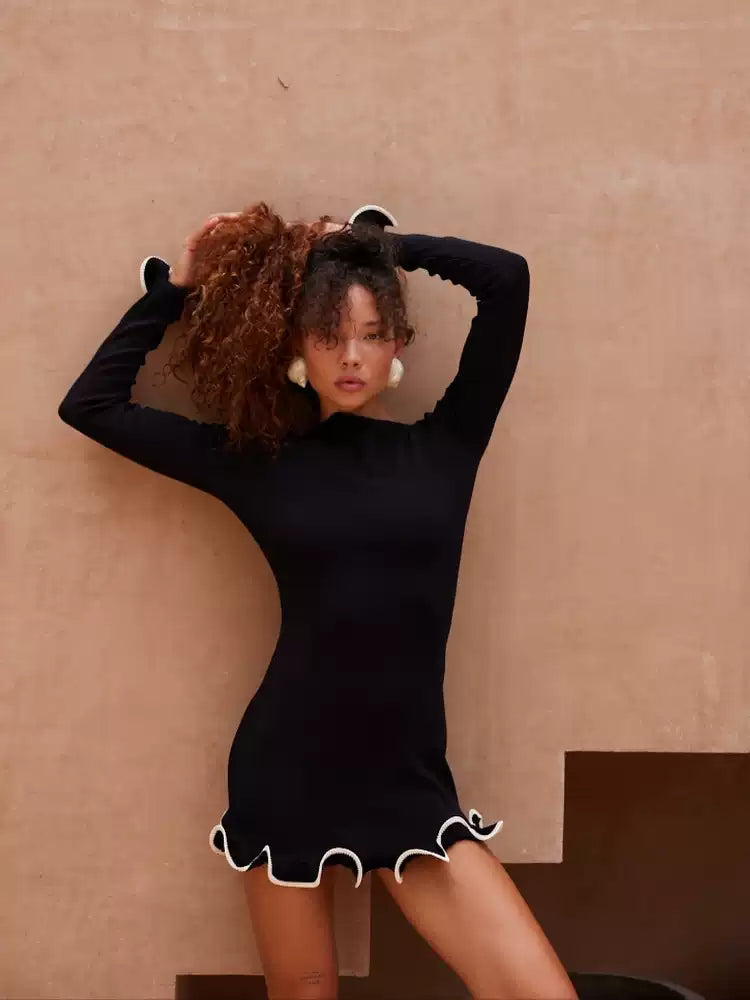 Mock Neck Long Sleeve Contrast Trim Ruffle Hem Bodycon Mini Dress