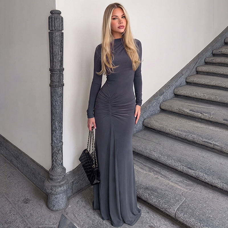Fall Women Clothing Solid Color Long Sleeve Fishtail Dress Shrink Wrinkle Slim Elegant Dress