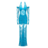 Spring Summer Black Blue Lace Halter Gloves Dress - View 5