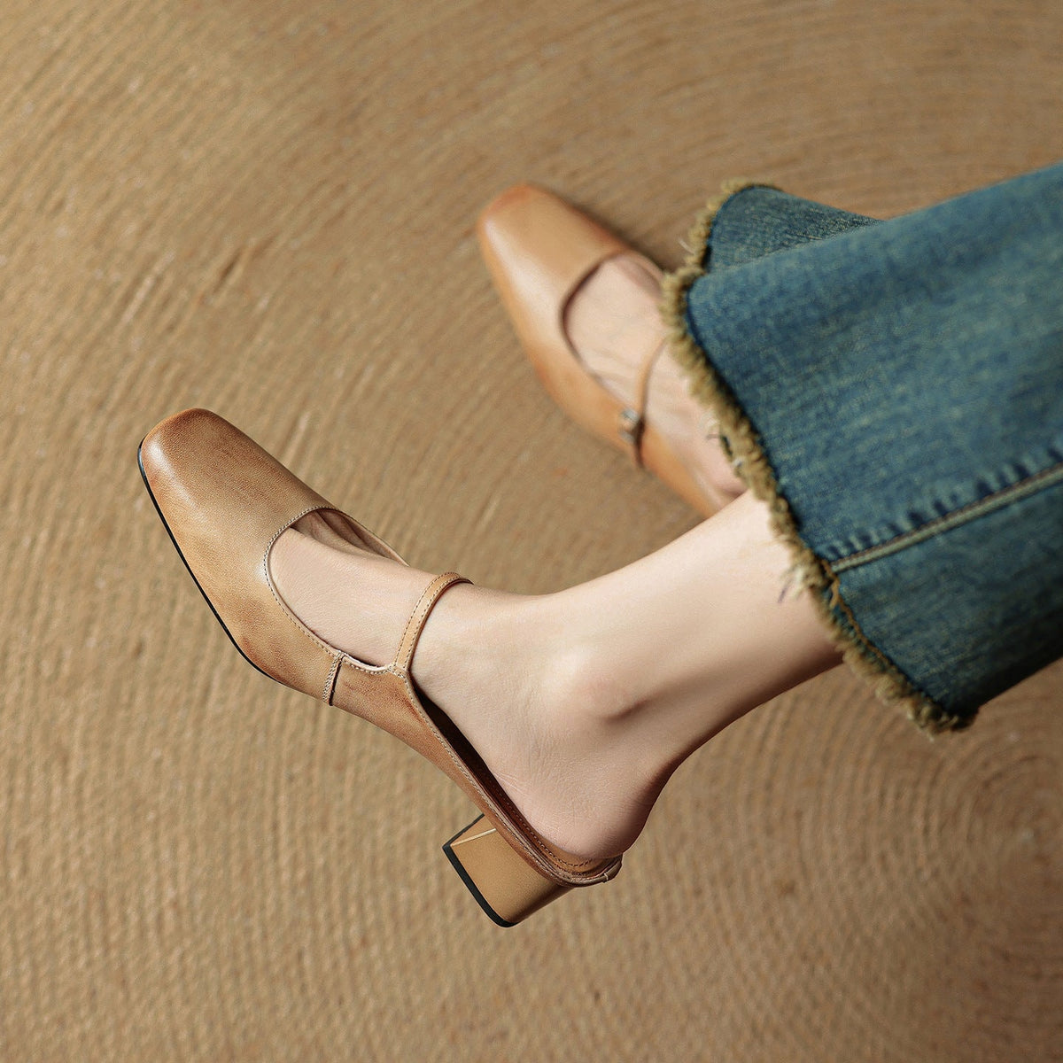 Square Toe Mary Jane Buckle Strap Block Heel Mules