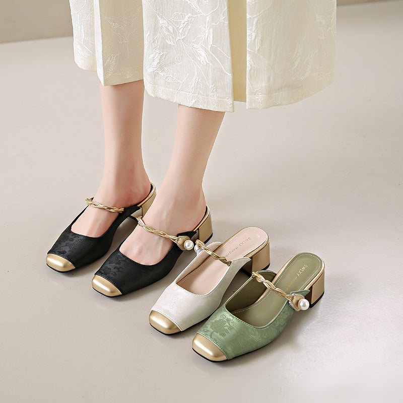 Square Toe Pearl Strap Block Heel Mules