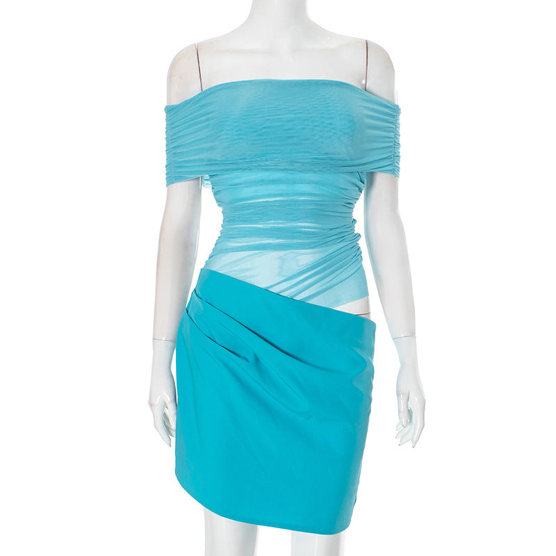 Off Shoulder Ruched Mesh Waist Panel Wrap Overlay Mini Dress