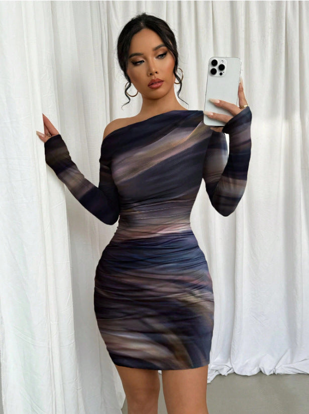 Stitch sheer mesh see through abstract off shoulder mini dress 4