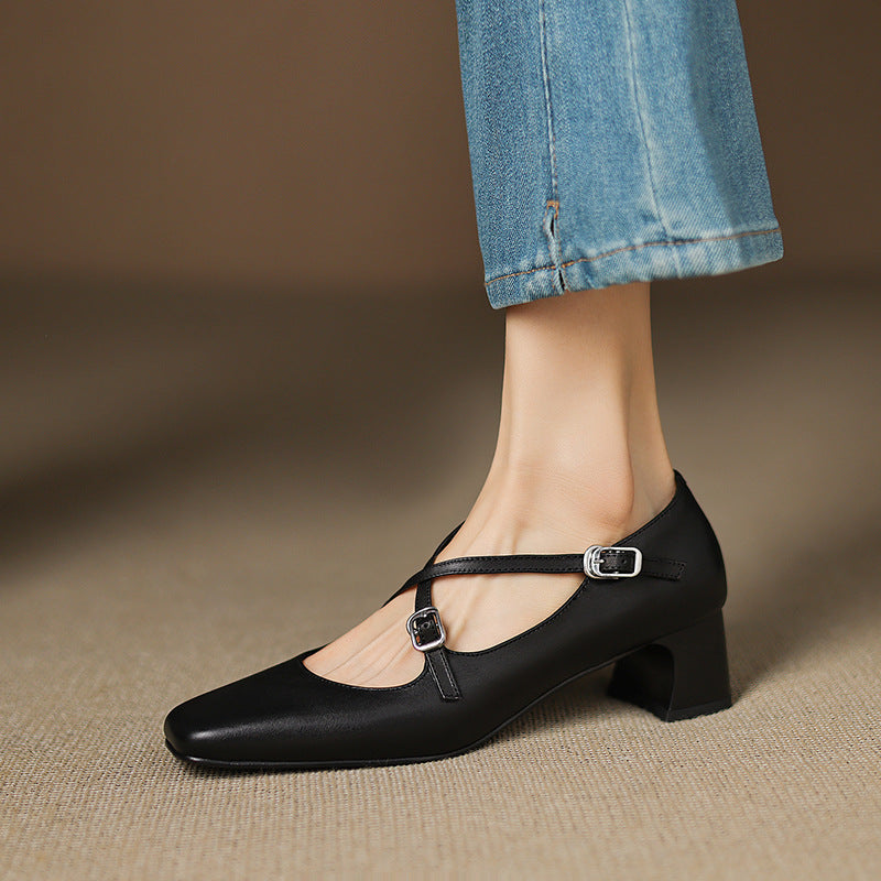 Square Toe Double Buckle Strap Block Heel Mary Jane Pumps