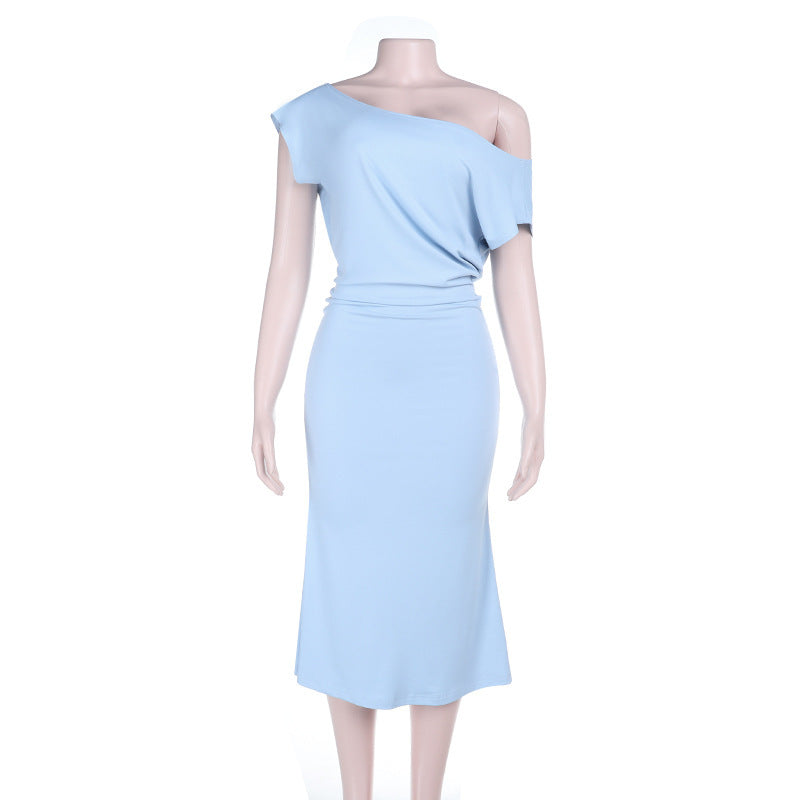 One Shoulder Draped Sleeve Ruched Waist Bodycon Midi Dress 2