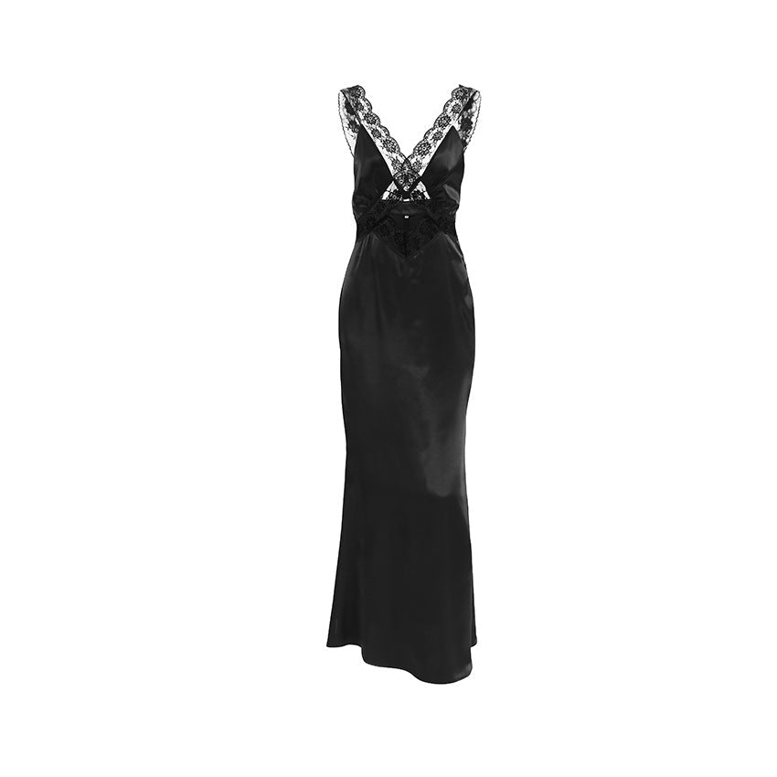 Satin Lace V-Neck Cut Out Mermaid Maxi Dress 5