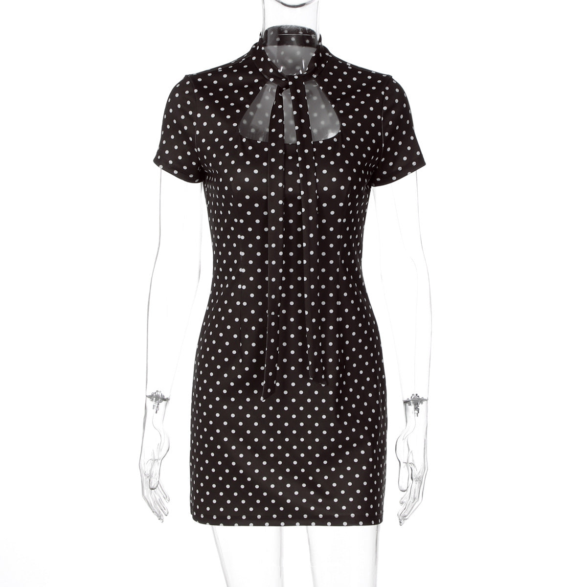 Polka Dot Keyhole Neck Tie Cap Sleeve Bodycon Mini Dress 3