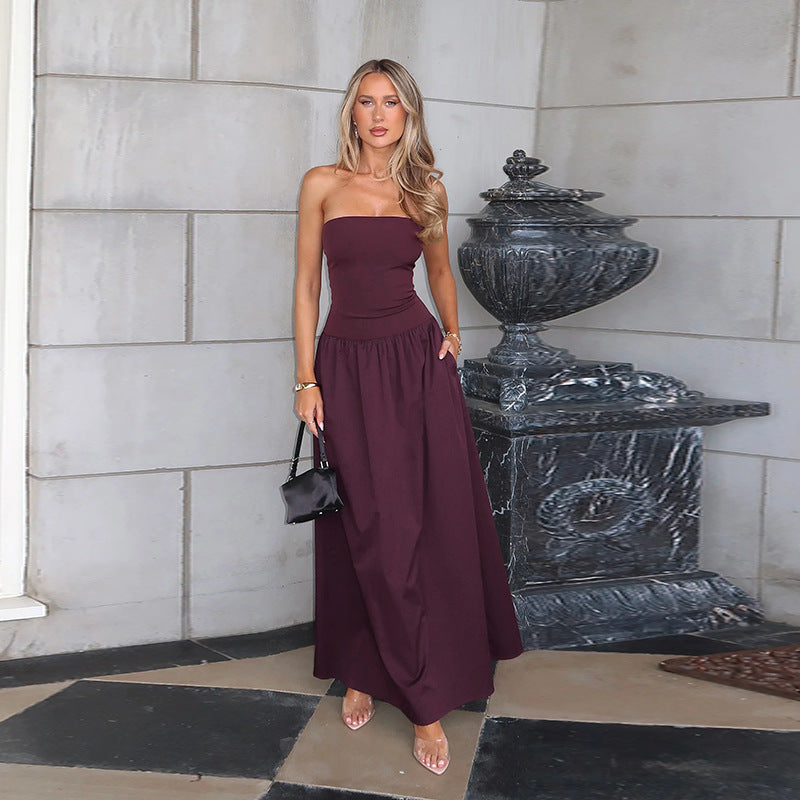 Tube Top Cinched Waist A Swing Sexy Backless Dress Women Spring Summer Sexy Maxi Dress