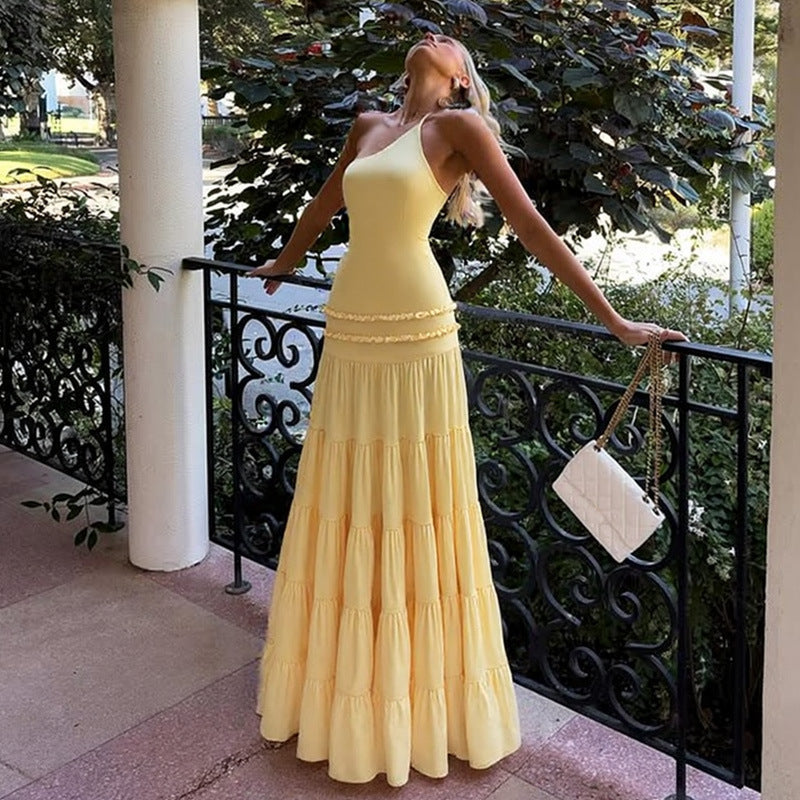 Attractive Hollow Out Cutout out Backless Stitching Tied One Shoulder Pleated Multi Layer Maxi Dress Women