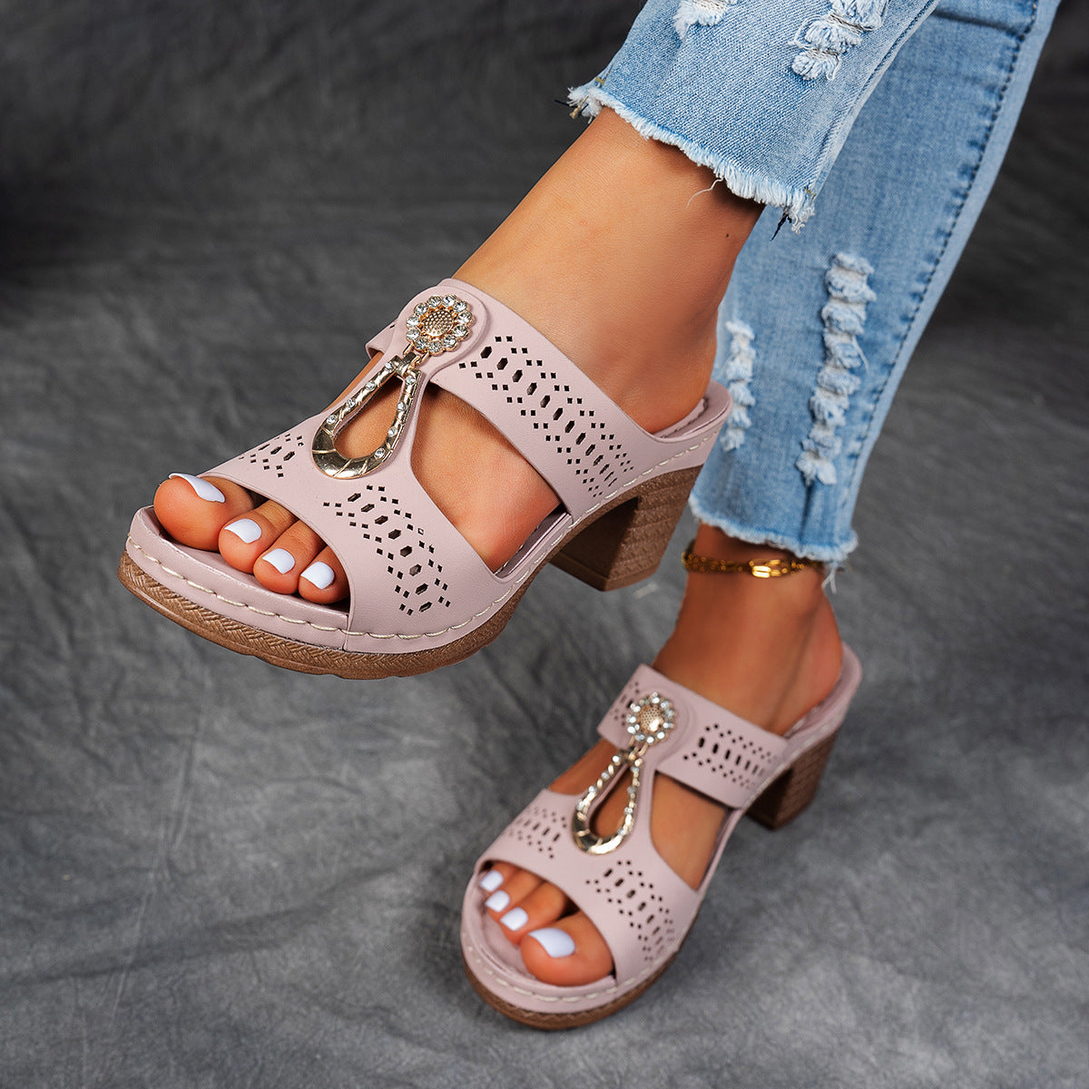 Open Toe Cut Out Embellished Block Heel Platform Slides