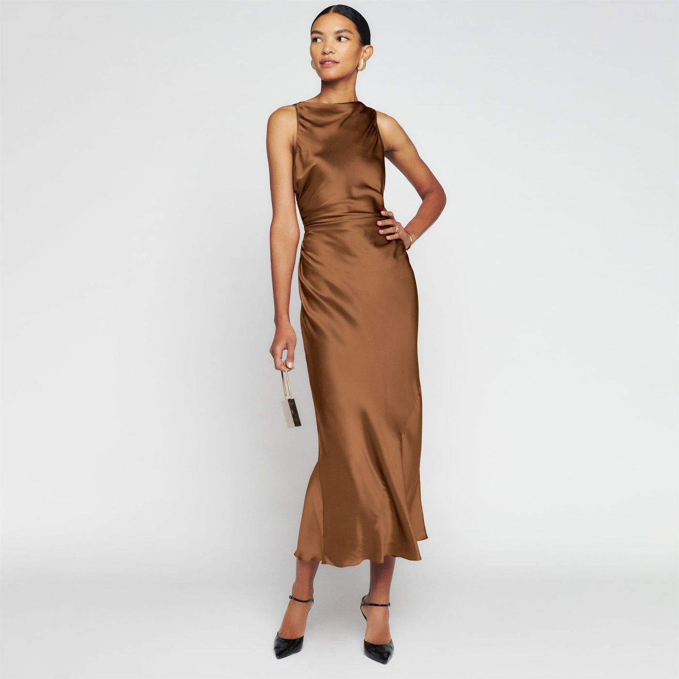 Cowl Neck Satin Back Cross Long Dress - View 7