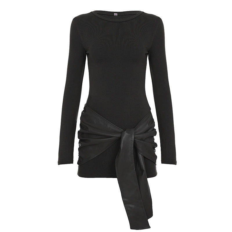 Crew Neck Long Sleeve Faux Leather Tie Waist Bodycon Mini Dress 2