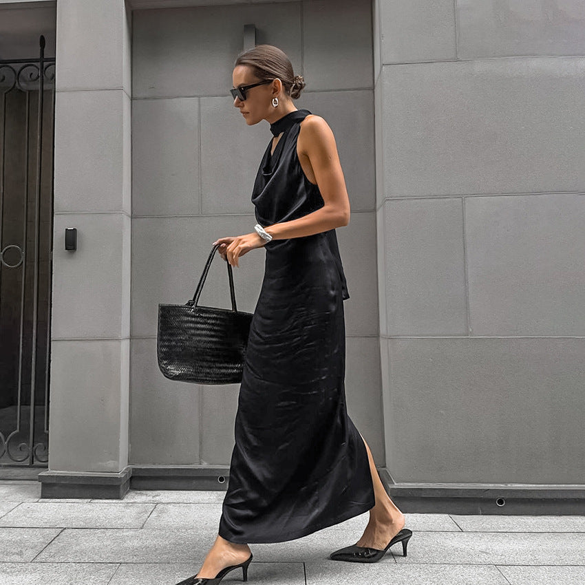 Black Thin Soft Matte Satin Swing Collar off Shoulder Dress - View 3