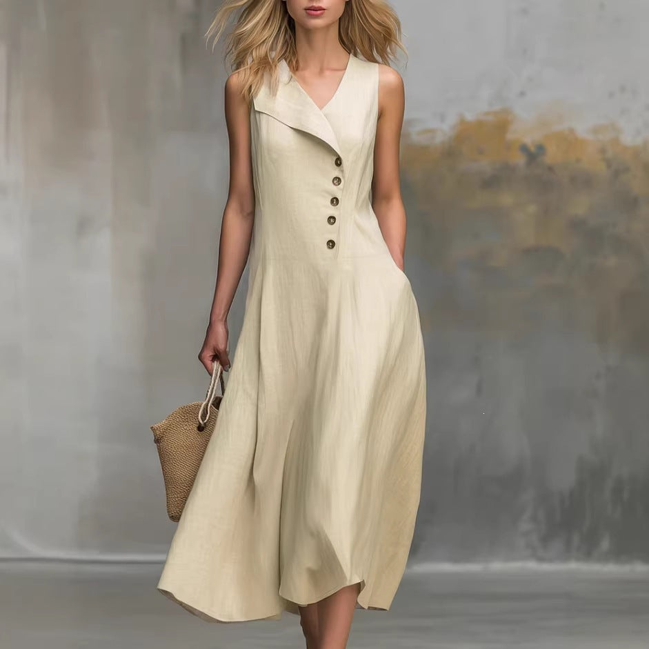 Sleeveless Lapel Button Front A-Line Linen Midi Dress