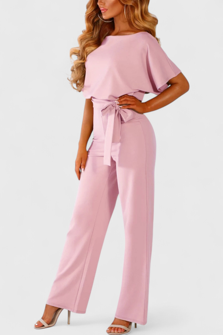 Boat Neck Batwing Sleeve Belted Wide Leg Jumpsuit