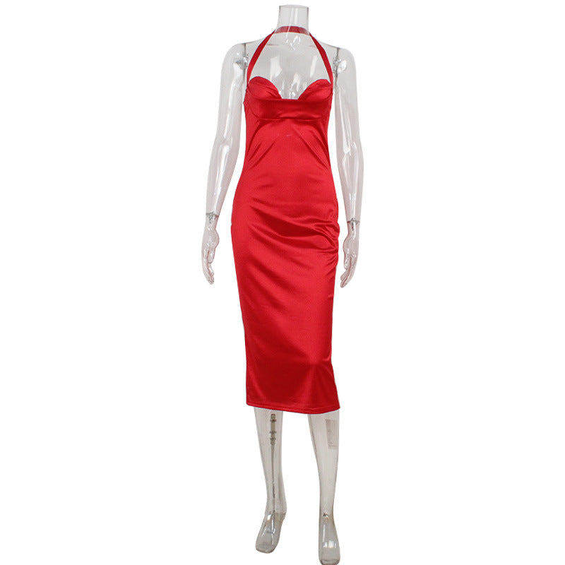 Satin Halter Neck Sweetheart Ruched Bodycon Midi Dress 2