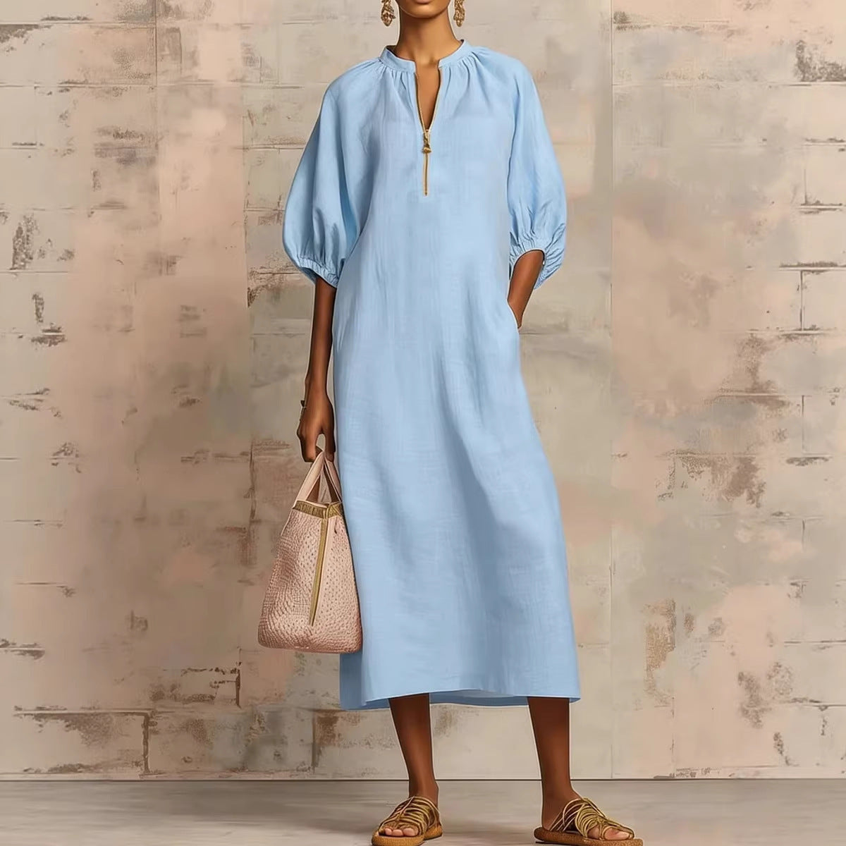 V-Neck Puff Sleeve Loose Linen Midi Dress Summer 4