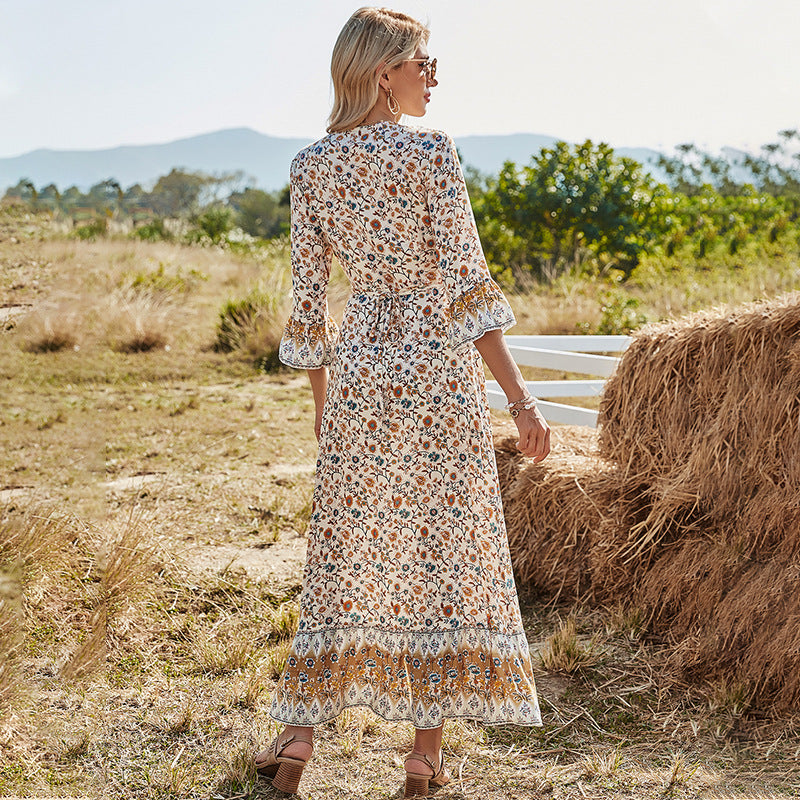 Floral Print V-Neck Bell Sleeve Front Slit Boho Maxi Dress 4
