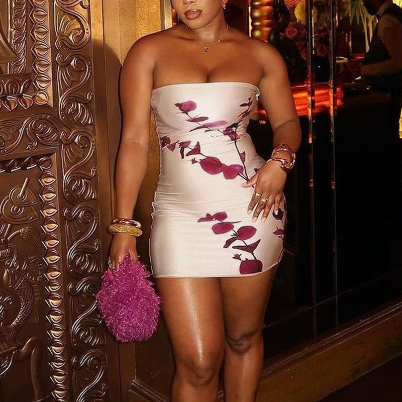 Sexy Tube Top Party Slim Fit Slimming Printed Sexy Hip Short Dress