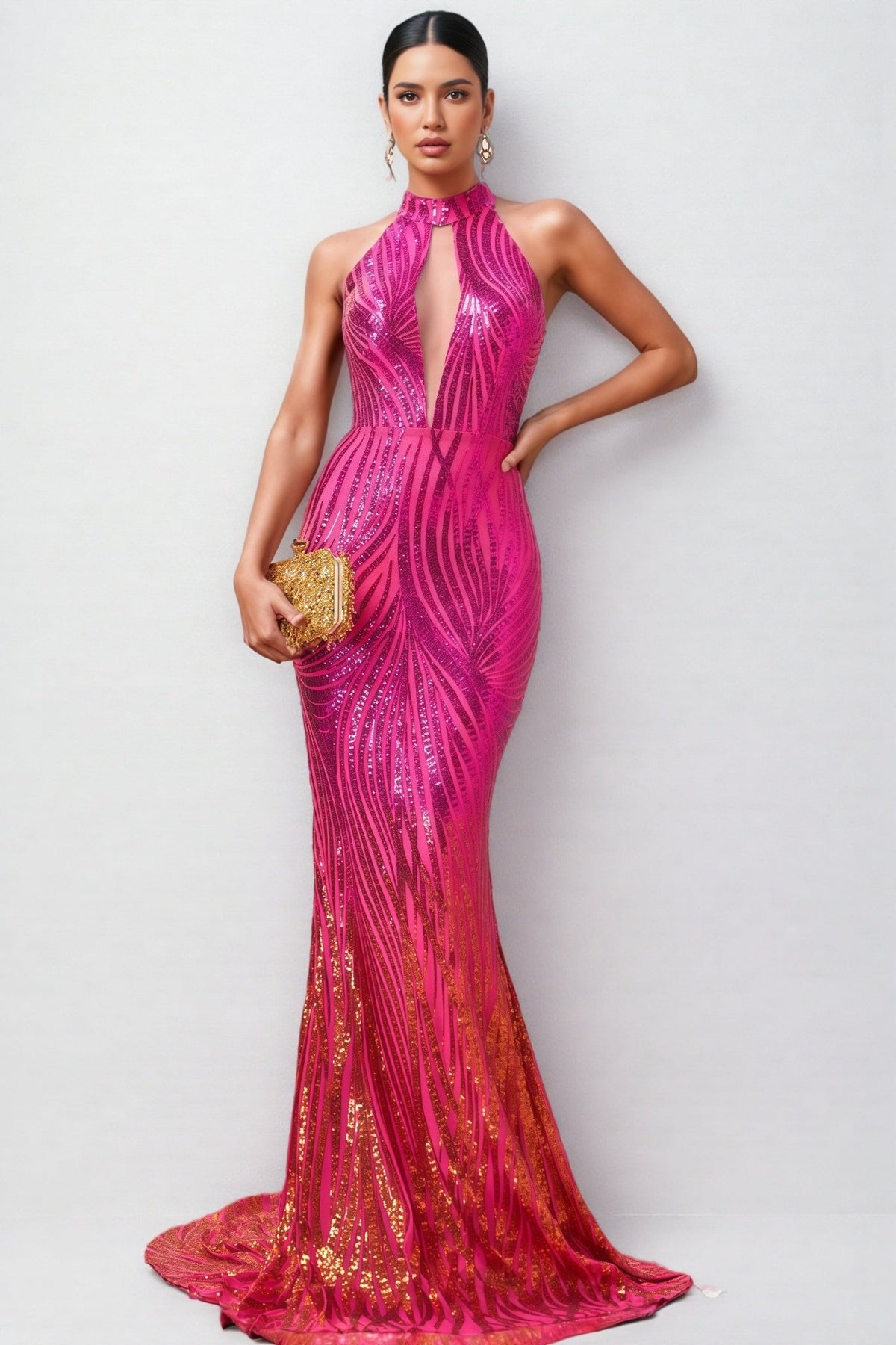 Halter Neck Plunge Mesh Insert Sequin Mermaid Train Maxi Gown