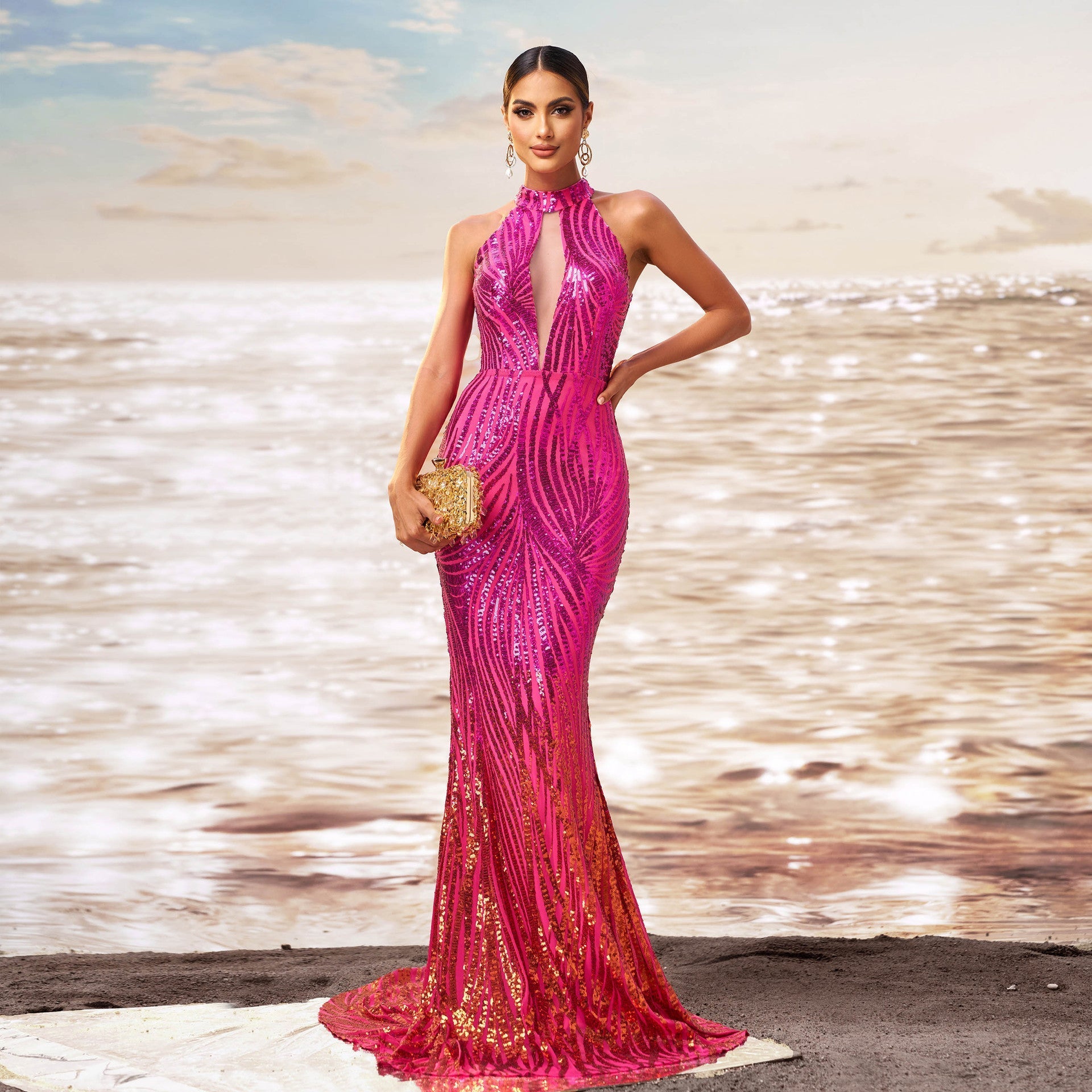 Round Neck Off-Shoulder Slim Fit Hip Sequin Dress