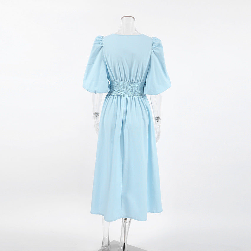 Sweetheart Puff Sleeve Tie Front Smocked Midi Dress Summer 7