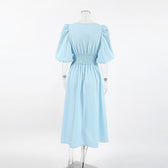 Sweetheart Puff Sleeve Tie Front Smocked Midi Dress Summer 7