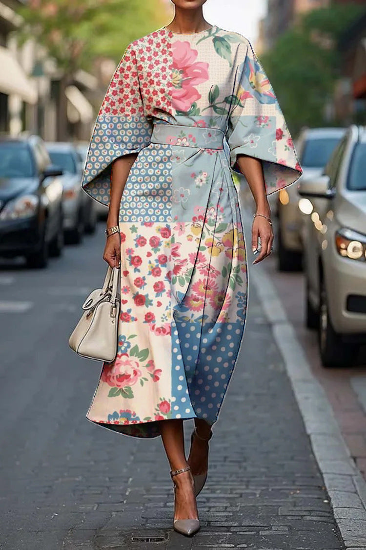Zoraida - Stylish Batwing Sleeve Long Dress White Floral
