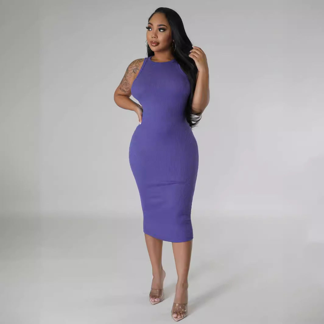 Women Tight Dress Slim Fit Sexy Sheath round Neck Sleeveless Midi Dress