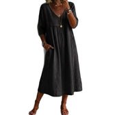 V-Neck Lace Trim Linen Pocket Midi Dress 5