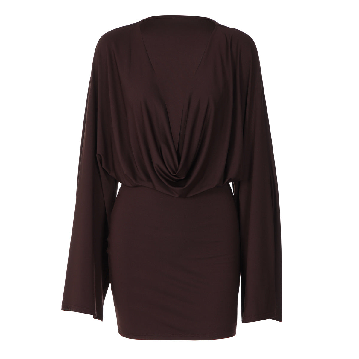 Deep V-Neck Cowl Front Flared Long Sleeve Bodycon Mini Dress 5