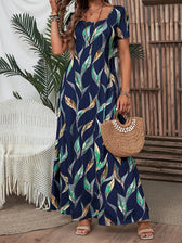Leaf Print Scoop Neck Short Sleeve Maxi Dress 7